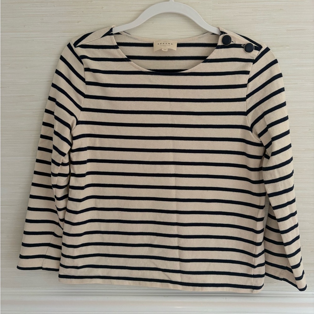 Sezane Striped Button-Shoulder Long Sleeve Top - Navy - S